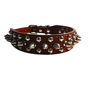 Triple Threat Light Brown Leather Silver Metal Spiked Studded Dog Collar